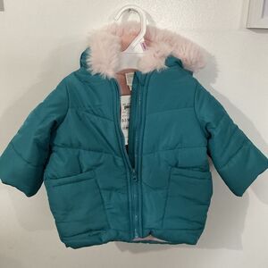 NWT First impressions teal torqouise Coat Jacket pink inside Baby Girls Sz 3-6 m